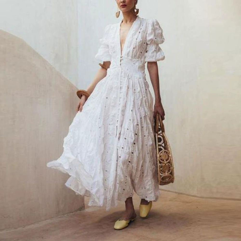 ZARA Summer Deep V Lace Puff Sleeve Cutout Maxi Dress